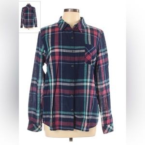 Natural Reflections long sleeve cotton shirt . Dark blue, coral pink , mint . L